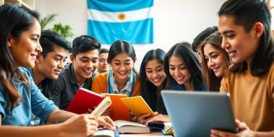 Group of Argentine students studying together for scholarships.