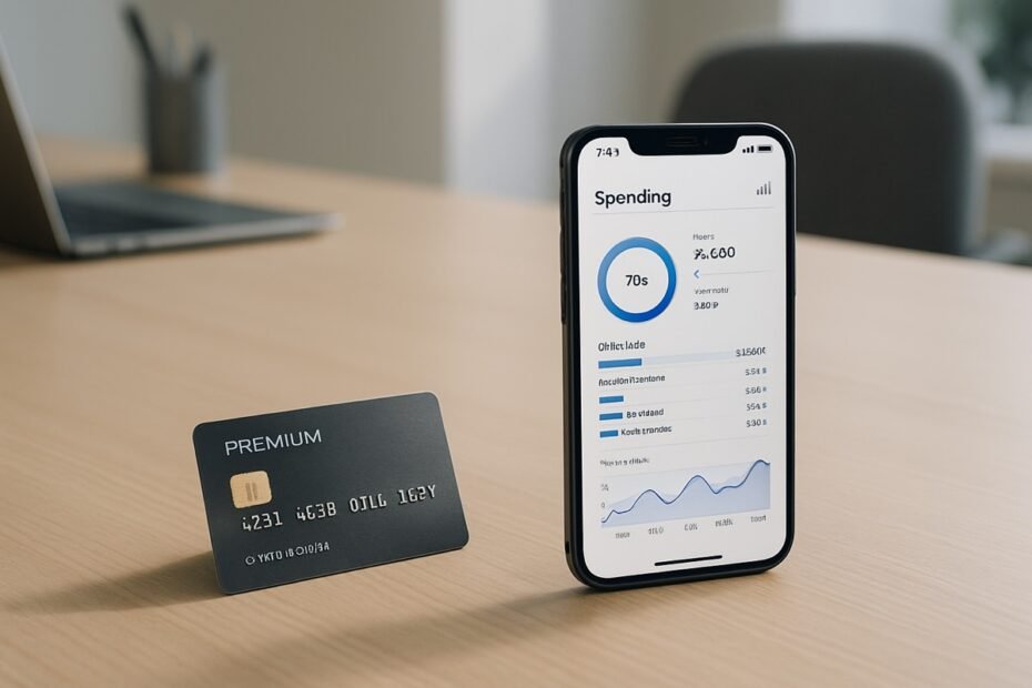 Credit card next to a phone showing a spending analytics dashboard