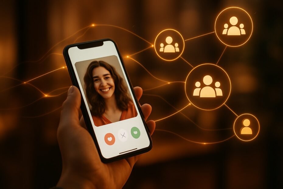 Smartphone showing a dating app with audience segmentation graphics